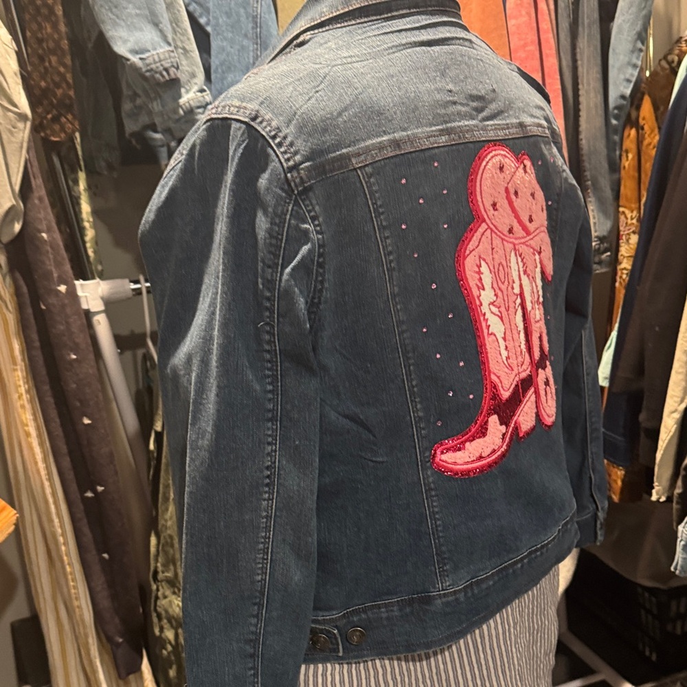 Women's Denim Jean Jacket with Pink Embroidery - Picture 2 of 3